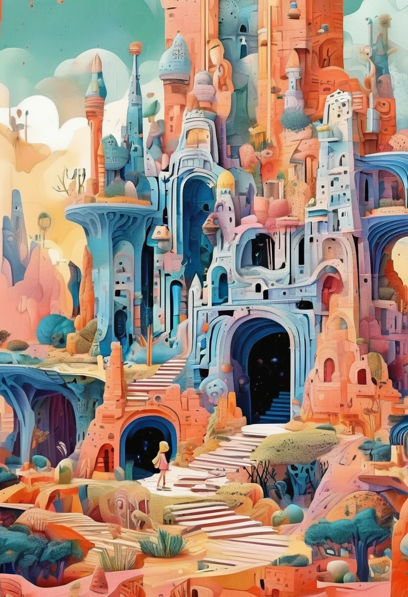 1 in the Monument Valley, magical castle labyrinth, searching for lost treasure, geometric space, chaotic 3D pattern, totem pillars, tall monuments, intricate staircases, resting, abstract style, branches, eyeballs, coral, resting, (abstract cubism:1.3), shape monsters, carnivorous plants, (minimalist style:0.9), autistic picture book, diagonal composition, (irregular composition:1.3)