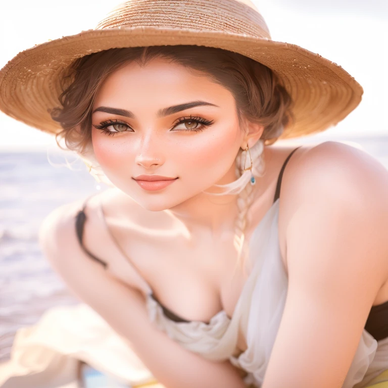 Arabian woman in hat sitting on the beach, It's bittersweet, 60mm Portrait, 50mm Portrait, 50mm lens photography portrait, Asian Woman, DSLR 5.0mm Portrait Photo, Wearing a straw hat, Portrait of Christy Wren, Close-up portrait写真, 70mm Portrait, Close-up portrait