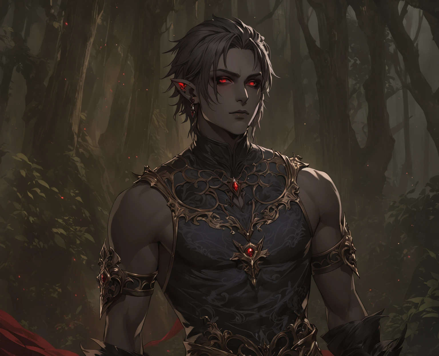 masterpiece, best quality, Fantasy aesthetics, Highly detailed, shadowverse style, male, pointy ear, drow, black sclera, red eyes