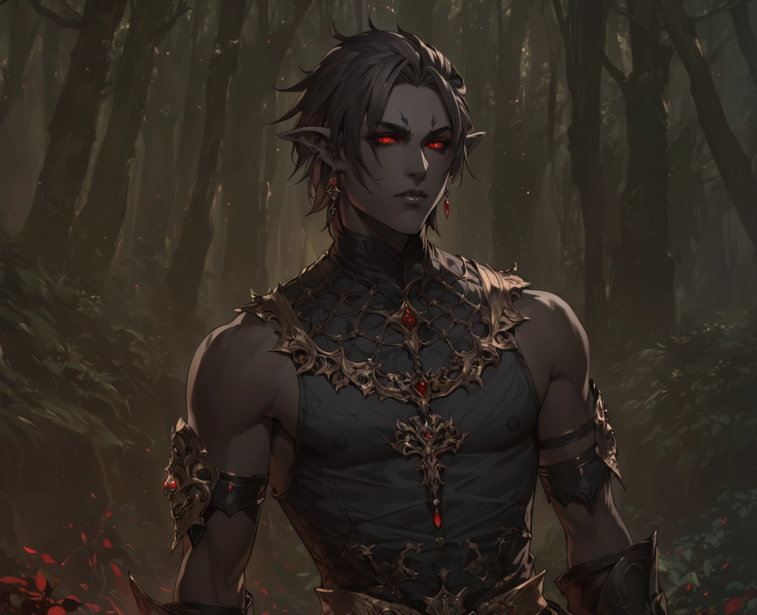 masterpiece, best quality, Fantasy aesthetics, Highly detailed, shadowverse style, male, pointy ear, drow, black sclera, red eyes