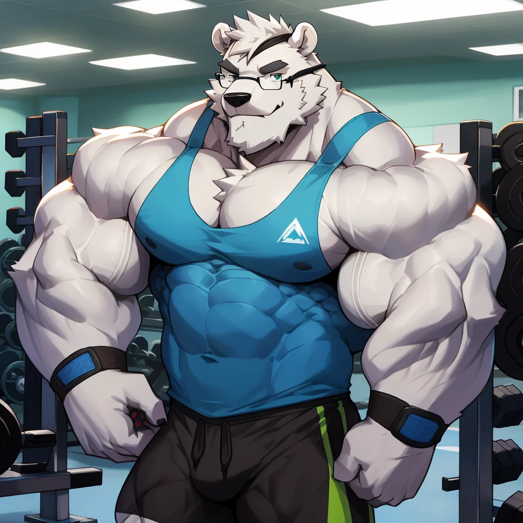 solo, 1boy, Huge Muscular White Polar Bear wearing glasses, huge white fur, pectoral, huge pectoral, wide pectoral, short white hair, blue colored short pants, blue colored wristbands and blue colored tank top, white bearded, white Mustache, white fur, black eyebrows, gym fitness center background, masterpiece, high detailed, 8k, high resolution, at the gym, flexes huge thorax, looking at the viewer, acting all hunk