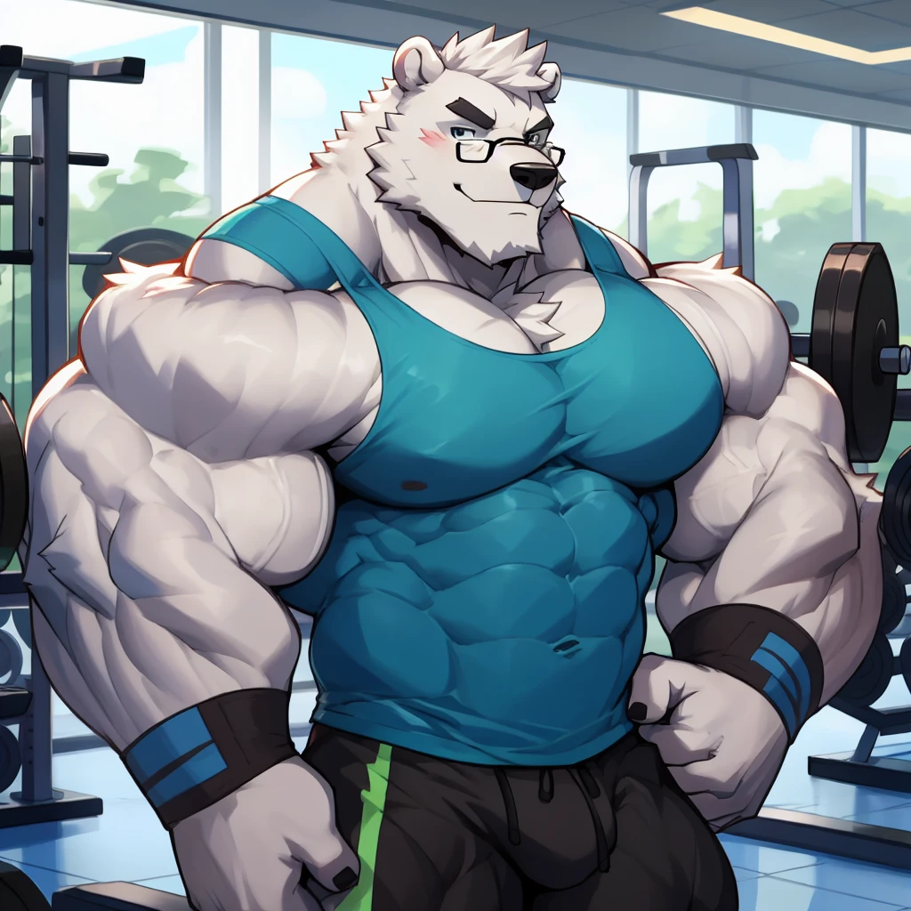 solo, 1boy, Huge Muscular White Polar Bear wearing glasses, huge white fur, pectoral, huge pectoral, wide pectoral, short white hair, blue colored short pants, blue colored wristbands and blue colored tank top, white bearded, white Mustache, white fur, black eyebrows, gym fitness center background, masterpiece, high detailed, 8k, high resolution, at the gym, flexes huge thorax, looking at the viewer, acting all hunk