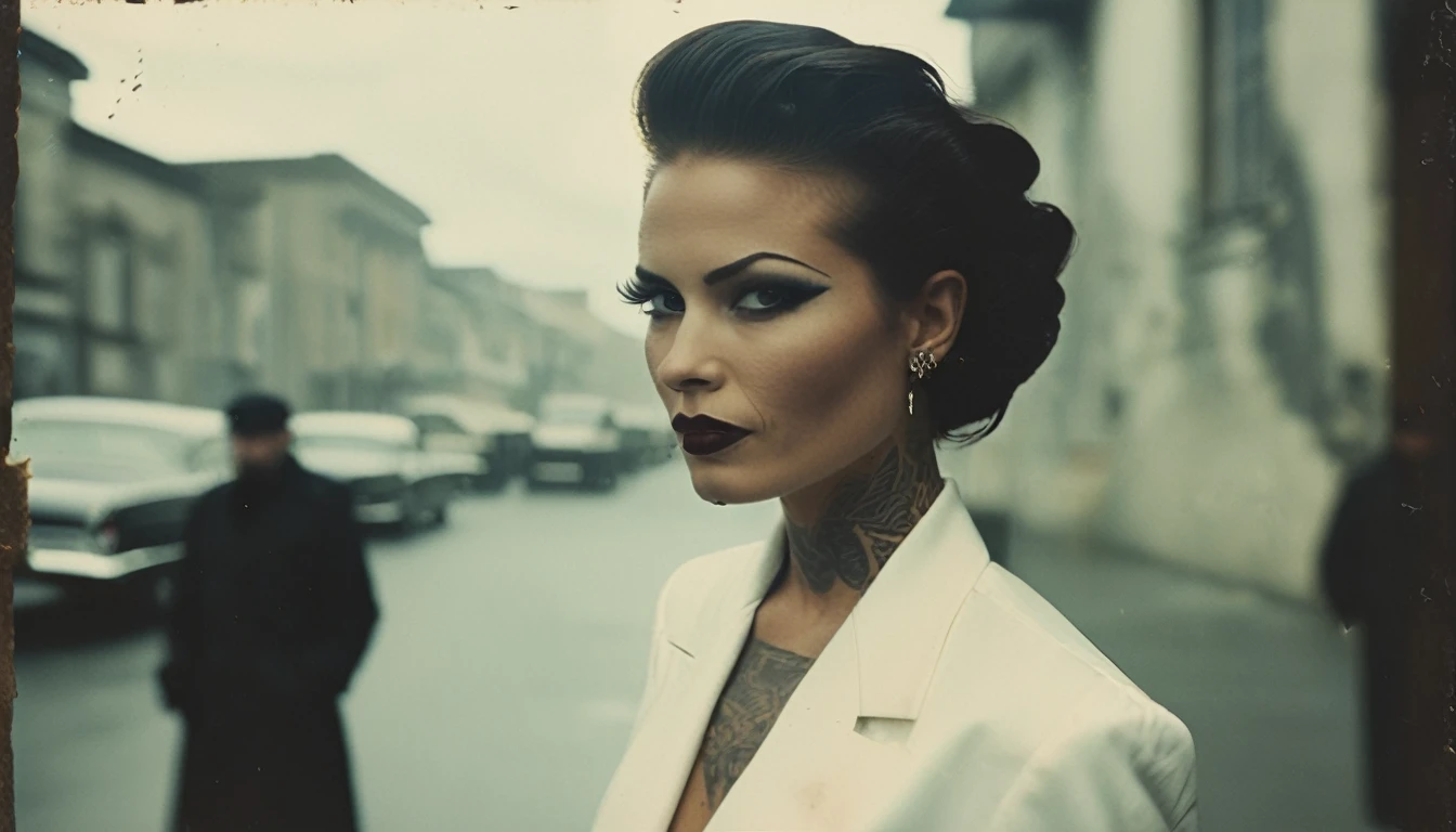 35mm vintage street photo of a powerful beautiful lady, horn, slick back hair, muscular, gangster, neck tattoo, face tattoo, head up, white suit, white shirt,evil laugh, determined eyes, glowing eyes, proud, scary, eerie, dark, lucifer, in the street, bokeh, professional