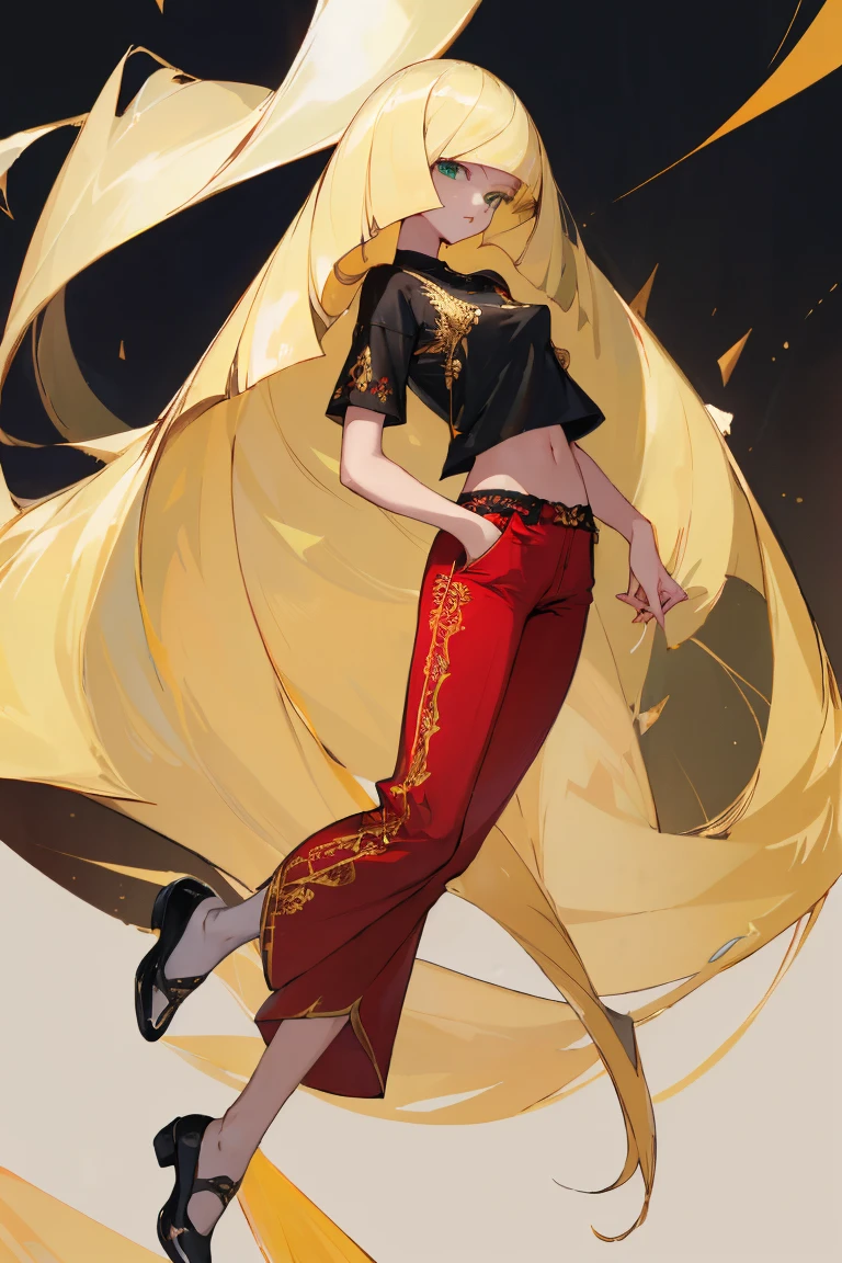 ((Highest quality)), ((masterpiece)), (Familiar), Lusamine,Tattoo,thin,Long blonde hair,Small breasts,Small breasts,????? nipples,Adult female,Green Eyes,Slanted Eyes,White and black T-shirt,No sleeve,Gold embroidery,Black shoes,Fascinating,Red pants