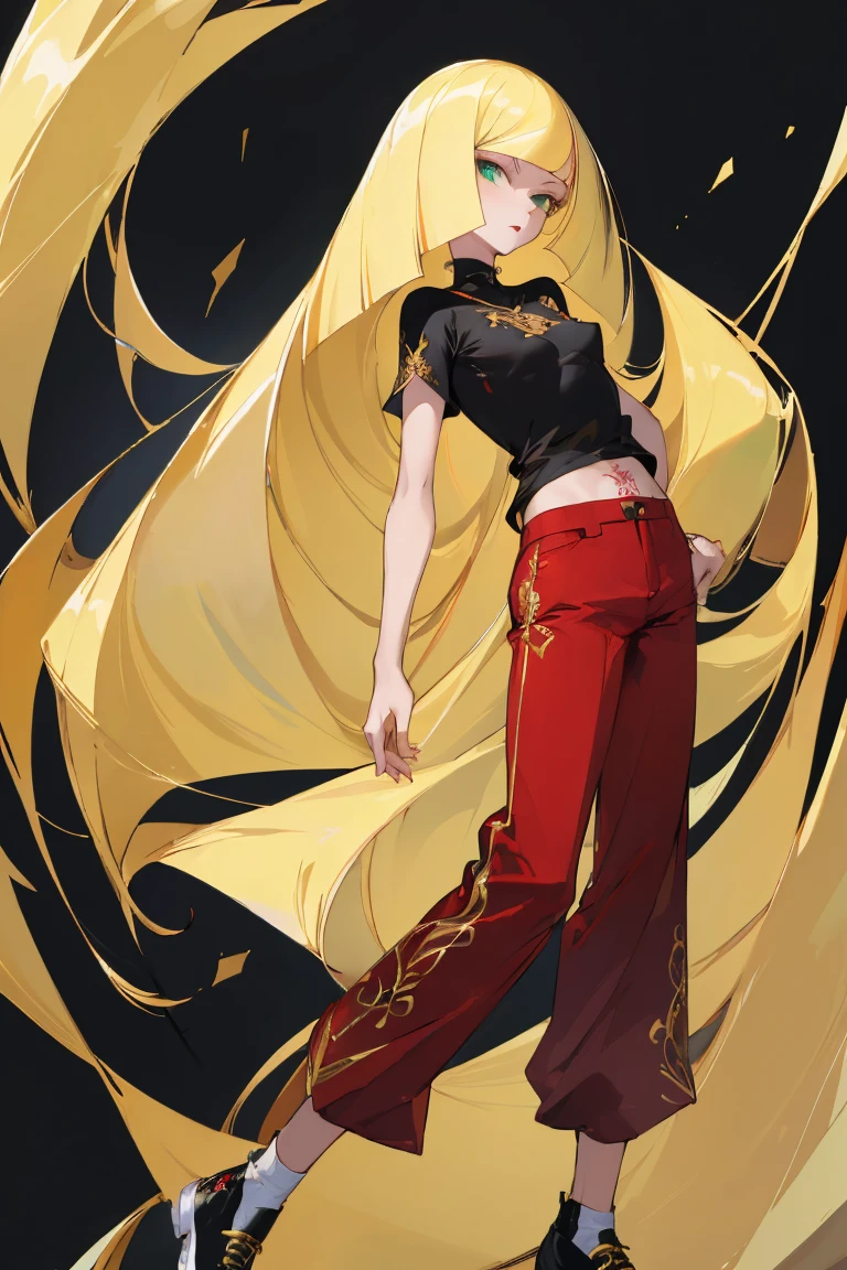 ((Highest quality)), ((masterpiece)), (Familiar), Lusamine,Tattoo,thin,Long blonde hair,Small breasts,Small breasts,Erect nipples,Adult female,Green Eyes,Slanted Eyes,White and black T-shirt,No sleeve,Gold embroidery,Black shoes,Fascinating,Red pants