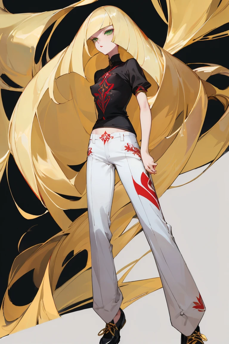 ((Highest quality)), ((masterpiece)), (Familiar), Lusamine,Tattoo,thin,Long blonde hair,Small breasts,Small breasts,Erect nipples,Adult female,Green Eyes,Slanted Eyes,White and black T-shirt,No sleeve,Gold embroidery,Black shoes,Fascinating,Red pants
