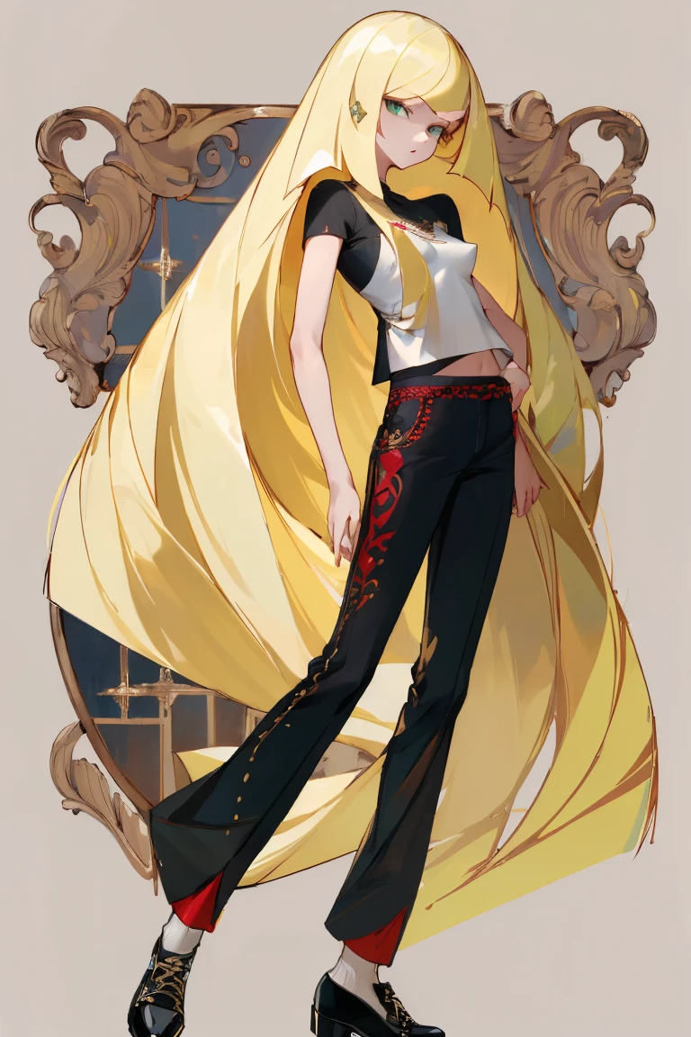 ((Highest quality)), ((masterpiece)), (Familiar), Lusamine,Tattoo,thin,Long blonde hair,Small breasts,Small breasts,Erect nipples,Adult female,Green Eyes,Slanted Eyes,White and black T-shirt,No sleeve,Gold embroidery,Black shoes,Fascinating,Red pants