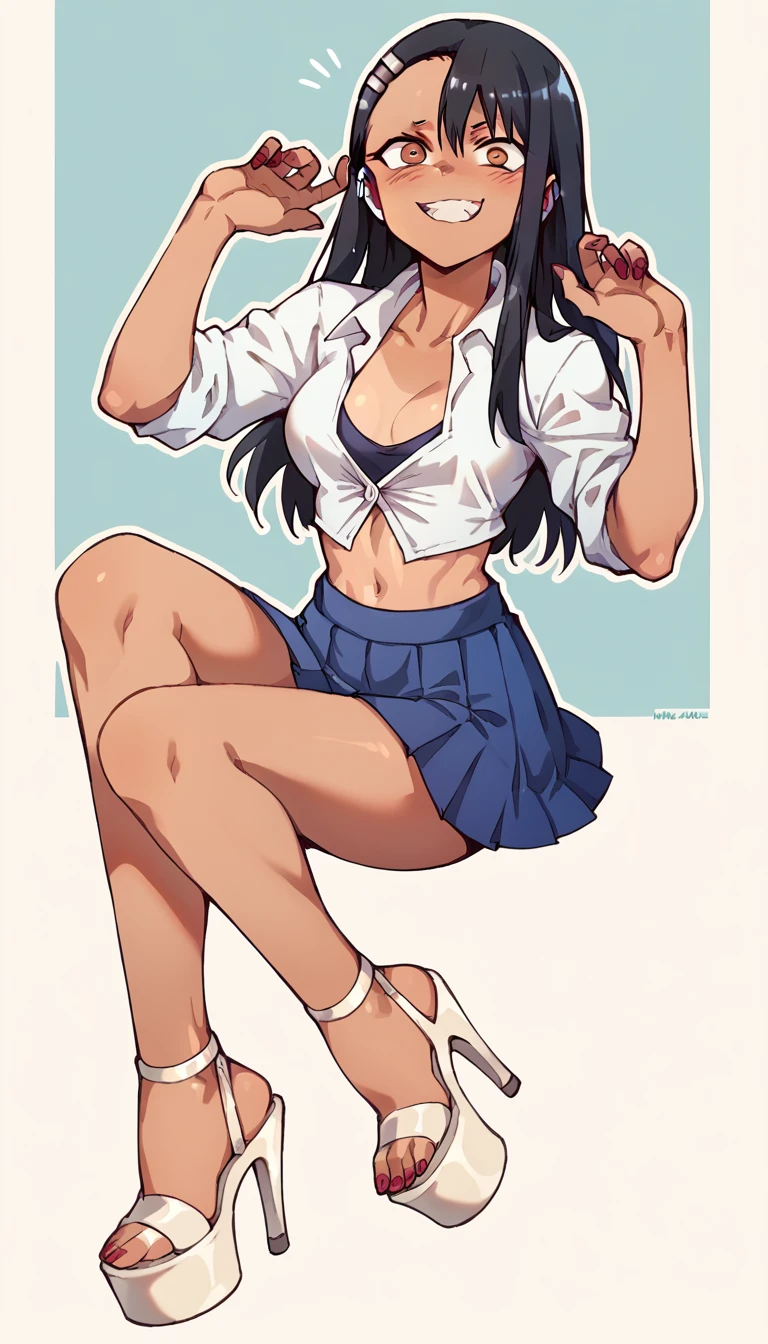 Hayase Nagatoro, dark-skinned, unbuttoned crop-top, blue pleated skirt, clear open-toe platform high heels, red nails 