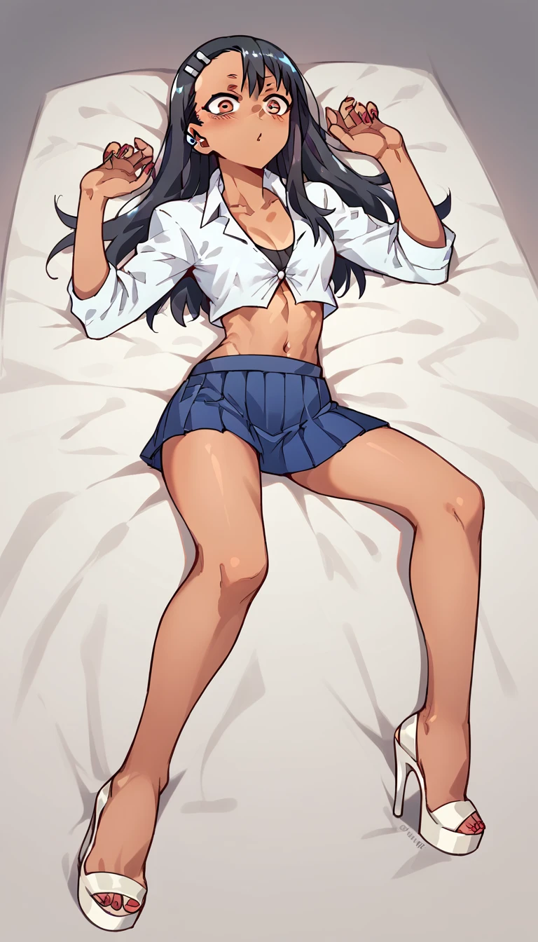 Hayase Nagatoro, dark-skinned, unbuttoned crop-top, blue pleated skirt, clear open-toe platform high heels, red nails 