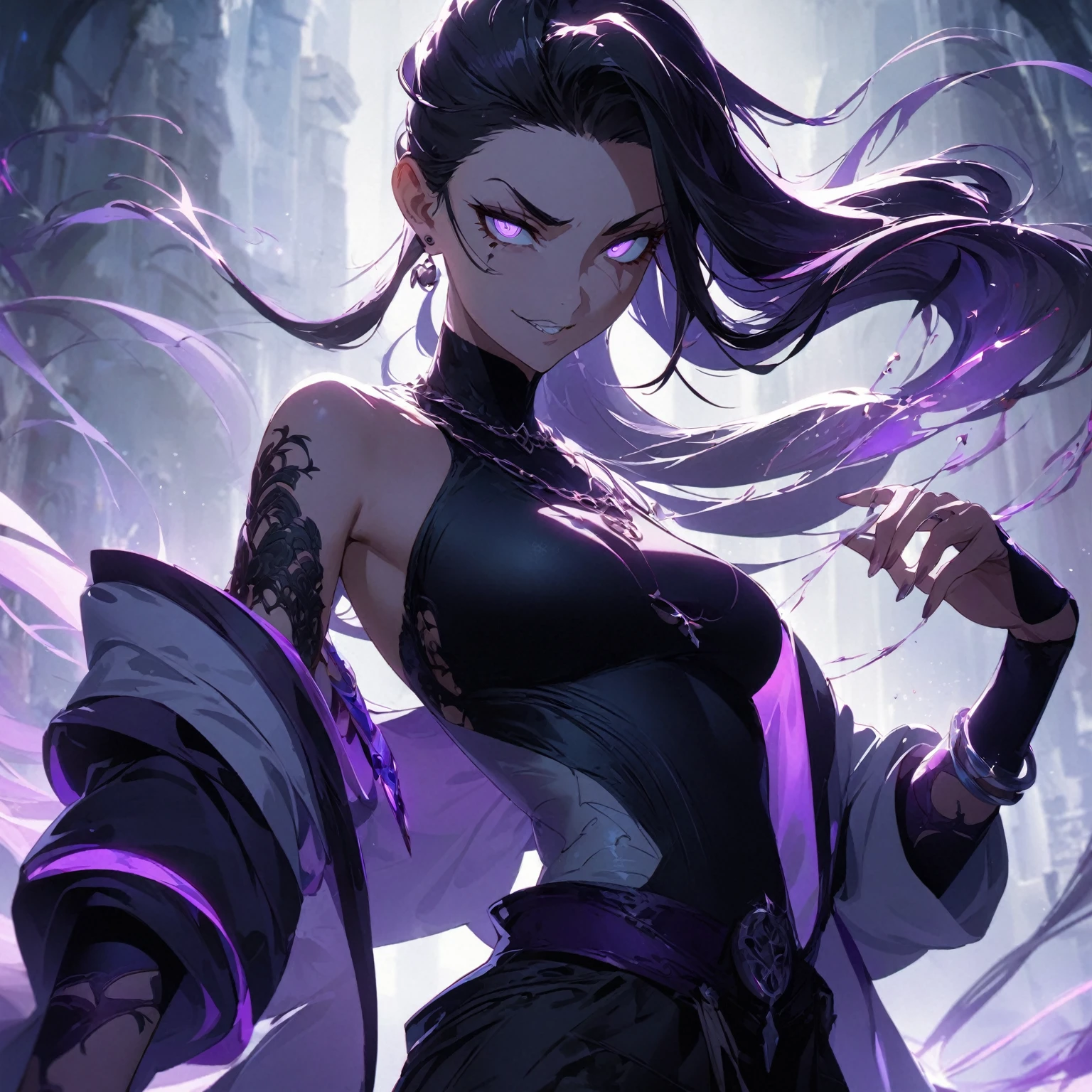 a woman with an athletic and agile physique, sharp facial features including a strong jawline and piercing eyes reflecting wisdom and intensity, long flowing hair with streaks of purple intertwined, dressed in a mix of modern and mystical attire blending dark colors with accents of purple, (nude:0.8) adorned with minimalistic yet significant accessories such as a necklace or bracelet with a small, intricate chain design. Pose her dynamically and confidently, conveying readiness for action while maintaining a natural appearance that suits her character. Express her with a conniving/scheming facial expression featuring narrowed, slanted eyes, a smirk or sly grin, and arched eyebrows. Set the scene in a dimly lit, mystical environment with wisps of energy swirling around her, hinting at her ability to manipulate souls with faint soul energies subtly depicted in the air. Illuminate softly to emphasize reflective surfaces of her attire and the glow of her eyes, overall evoking a sense of mystery and power, showcasing her as a formidable yet enigmatic woman deeply connected to the spiritual realm., detailed gorgeous face| anime style| key visual| intricate detail| highly detailed| breathtaking| vibrant| panoramic| cinematic| Carne Griffiths| Conrad Roset| gibbli 8k