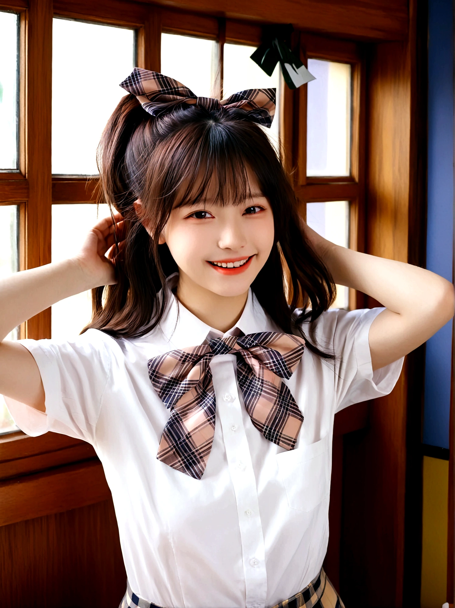 1girl, solo, long hair, looking at viewer, smile, bangs, brown hair, shirt, black hair, bow, white shirt, upper body, short sleeves, teeth, collared shirt, indoors, bowtie, arms up, window, mouth hold, realistic, adjusting hair, tying hair, plaid bow, hair tie in mouth