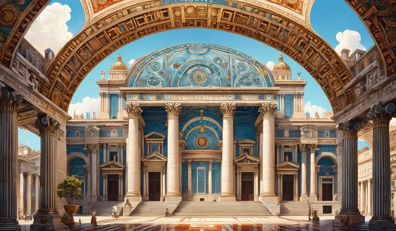 in style of Maximalism , a building，Symmetrical，beautiful details，Ancient Roman architecture