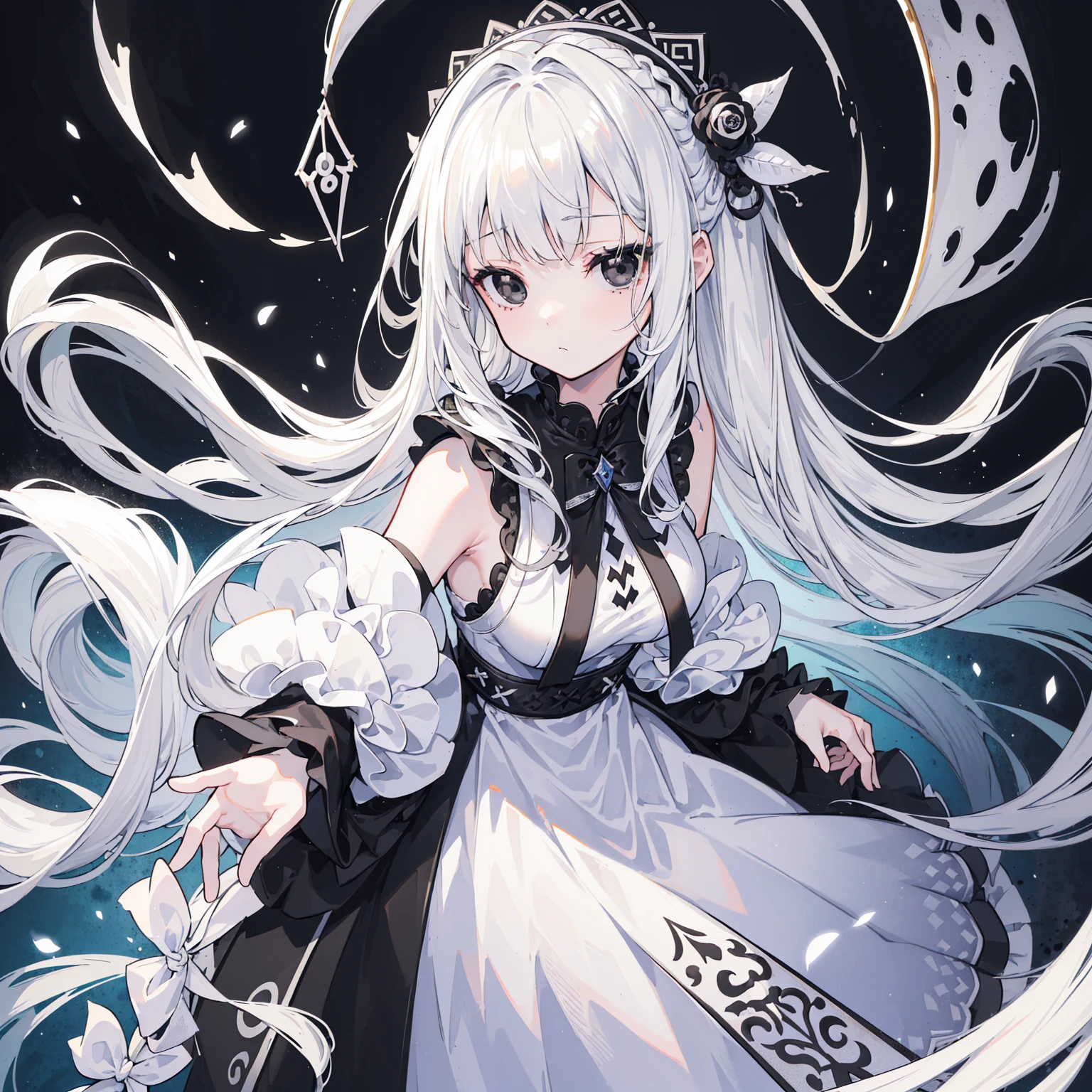 (Top image quality)、(Very detailed)、(Facing forward)、Top quality、masterpiece、(((1 名girl )))、girl、Silver Hair、White hair、((Long hair))、Weaving、(black eyes:1.6)、(White and black cheongsam)、Hooded dress、Lots of decorations、Lots of ribbons、White Ribbon、She looked grim.、Fluffy loose hair、Hanfu