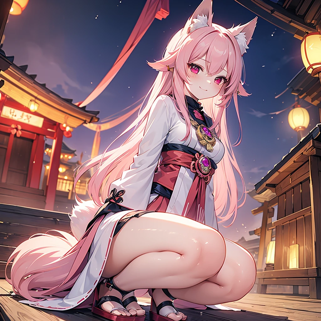 ((masterpiece)), ((Best Quality)), (Ultra-detailed), Anime style, Cute , 1girl in, Solo, fox maiden, shrine, maiden, pink color fur, miko clothing, fox ears, night, lanterns, pink hair color, 16 years old, blood red eyes, smirk