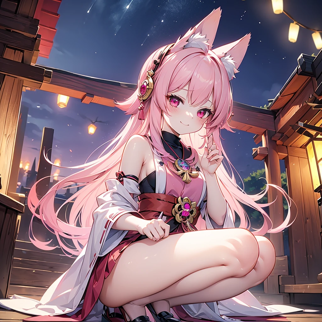 ((masterpiece)), ((Best Quality)), (Ultra-detailed), Anime style, Cute , 1girl in, Solo, fox maiden, shrine, maiden, pink color fur, miko clothing, fox ears, night, lanterns, pink hair color, 16 years old, blood red eyes, smirk