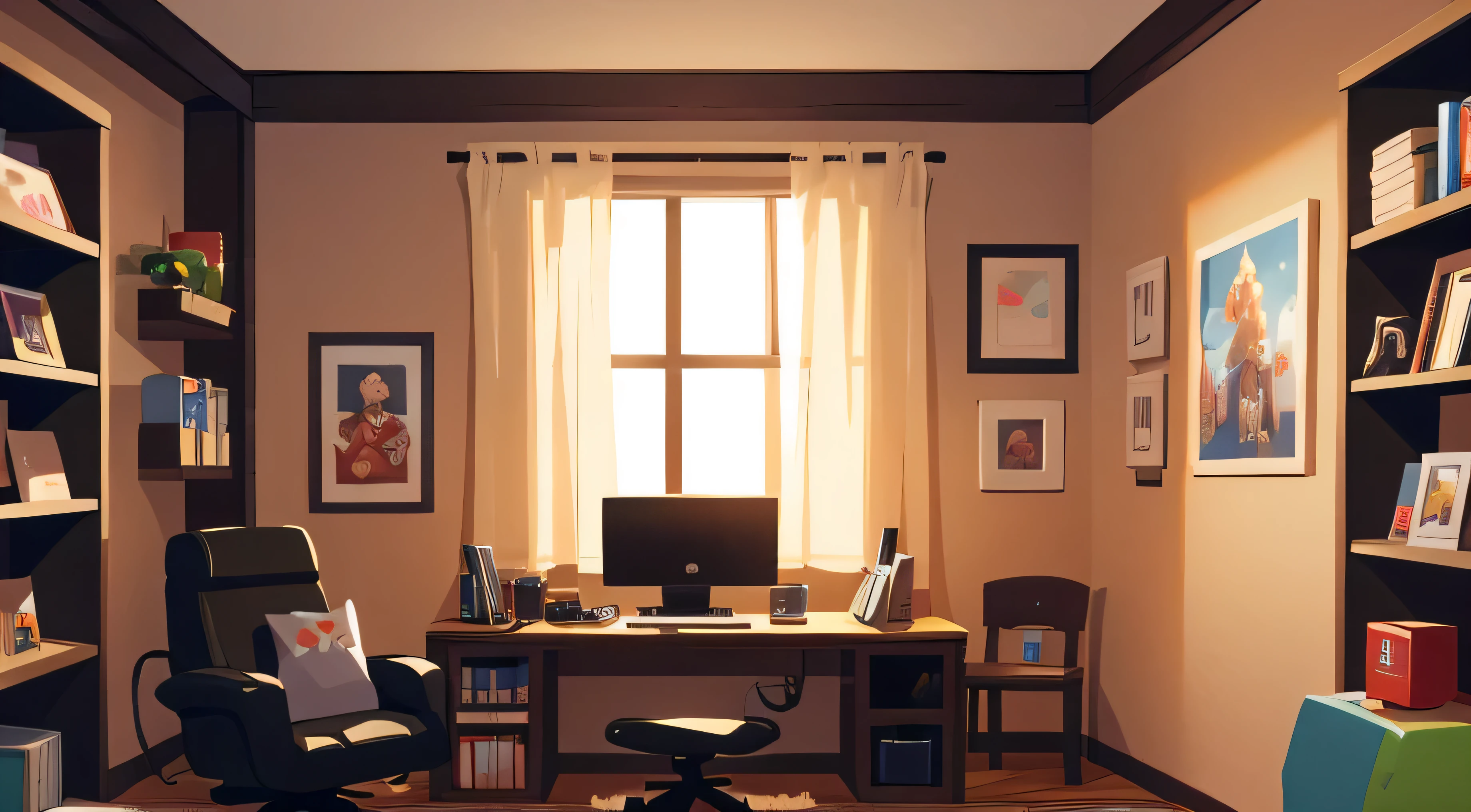 Image Prompt: Cozy Gaming Room Background (16:9 Aspect Ratio)
Imagine a cozy room bathed in the gentle glow of computer screens, creating a warm and inviting atmosphere perfect for gaming. The room features a sleek computer setup with multiple monitors, a comfortable gaming chair, and a game controller resting on the desk. The walls are adorned with vibrant gaming posters and memorabilia, showcasing a love for various video games and anime. Shelves lined with game cases, figurines, and other collectibles add to the room's vibrant ambiance. Soft lighting and the gentle hum of electronics complete the scene, making it a welcoming sanctuary for any avid gamer.