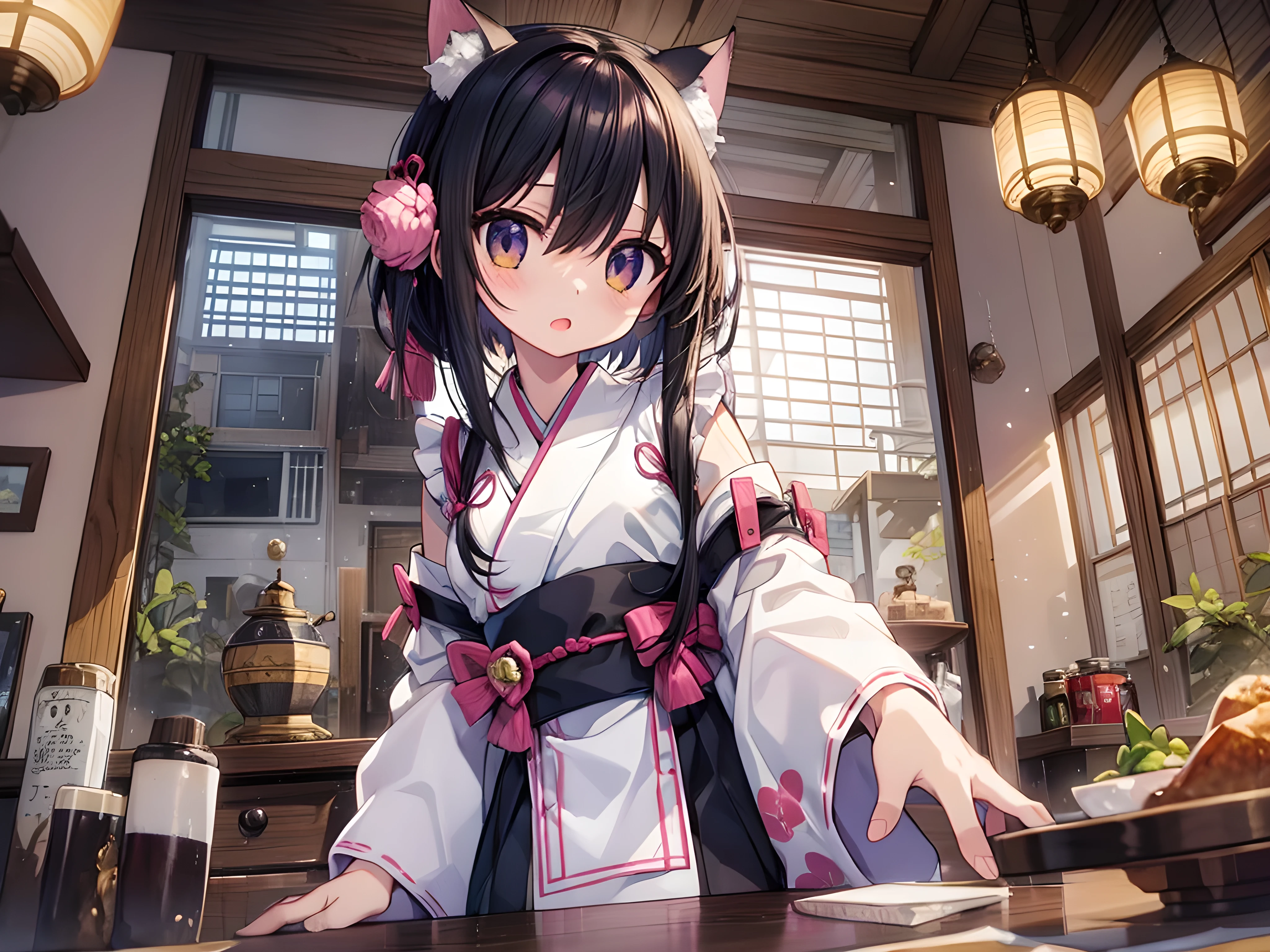 best quality,masterpiece,
insanely detailed, absurdres, ultra-highres, ultra-detailed, best quality
kawaii, ultra detailed eyes, ultra cute, ultra beautiful
masterpiece, super fine illustration, light particles, ultra detailed, perfect anatomy, Japanese anime style, 8K,
BREAK
1catgirl, cat ears, solo, original, bangs, eyes, (hair, short hair), eyebrows visible through hair, open mouth, kanzashi,
(frilled kimono, short kimono), (long sleeves, wide sleeves), apron,
blush, light smile, (tray, holding tray, green tea, dessert),
cowboy shot, looking at viewer, dynamic angle,
at zashiki, indoors, shouji background,