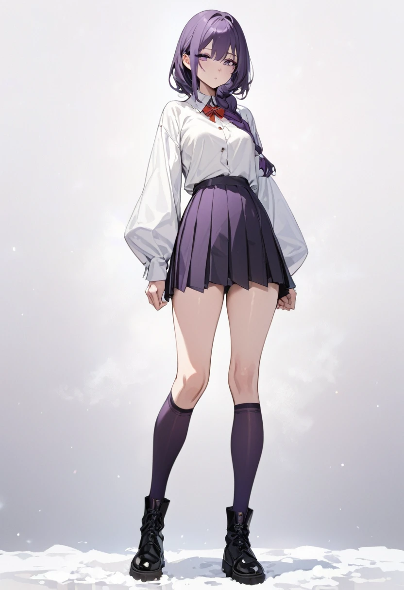 masterpiece, (bestquality), highlydetailed, cold, calm, gentle, expressionless, solo, (1girl), dark purple hair, very long single braid, bright purple eyes, (white collared shirt with white furisode sleeves), thin red bow tie under the collar, (diamond-shaped pin on the front of the bow), (black high-waisted pleated skirt), dark purple high socks, black ankle boots, medium breasts, (simple white background), (white empty background), full body, standing,