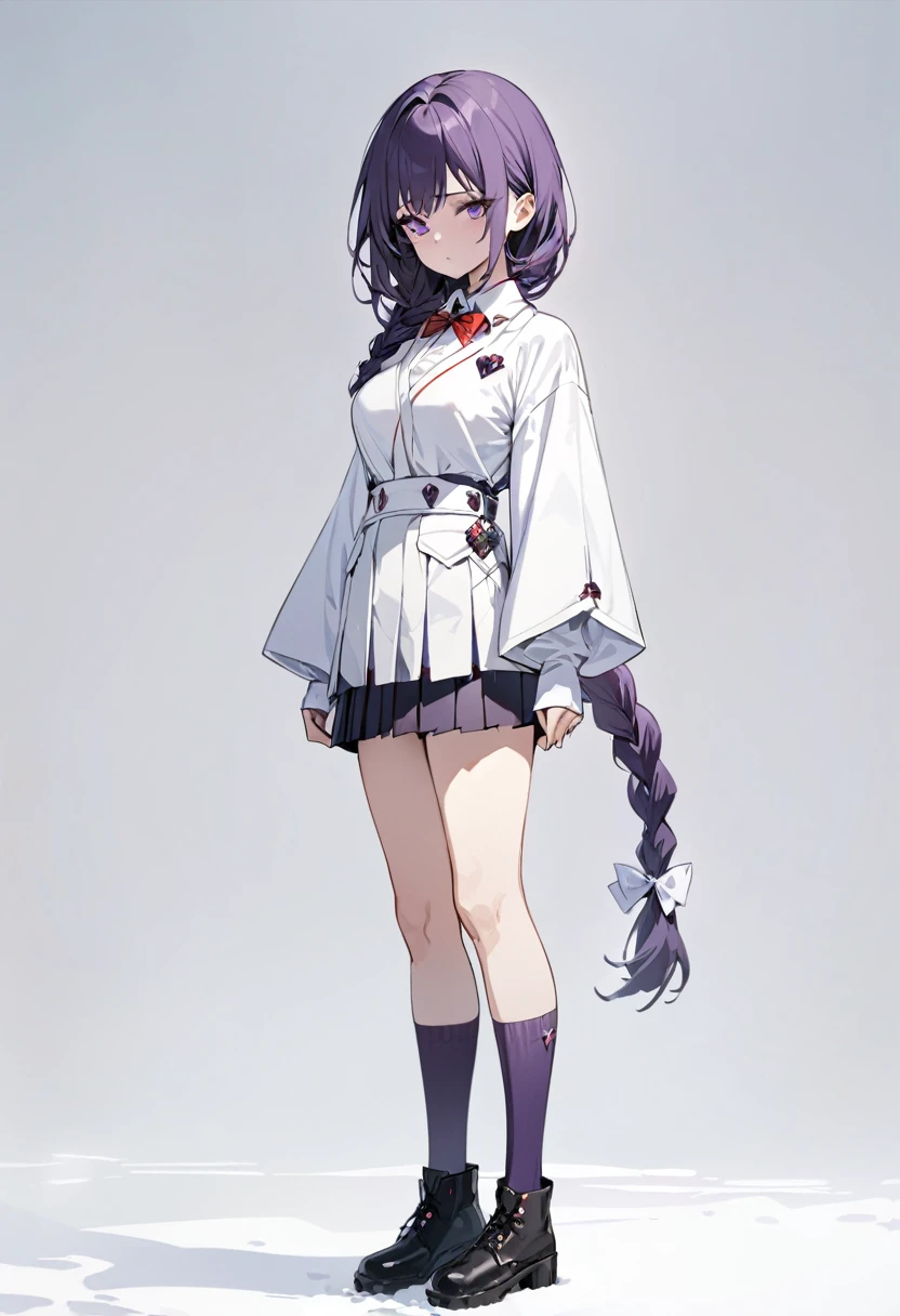 masterpiece, (bestquality), highlydetailed, cold, calm, gentle, expressionless, solo, (1girl), dark purple hair, very long single braid, bright purple eyes, (white collared shirt with white furisode sleeves), thin red bow tie under the collar, (diamond-shaped pin on the front of the bow), (black high-waisted pleated skirt), dark purple high socks, black ankle boots, medium breasts, (simple white background), (white empty background), full body, standing,