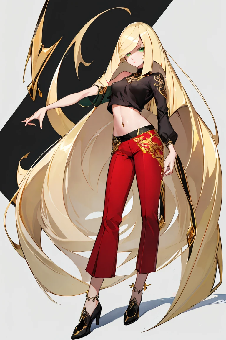 ((Highest quality)), ((masterpiece)), (Familiar), Lusamine,Tattoo,thin,Long blonde hair,Small breasts,Small breasts,Erect nipples,Adult female,Green Eyes,Slanted Eyes,White and black T-shirt,No sleeve,Gold embroidery,Black shoes,Fascinating,Red pants