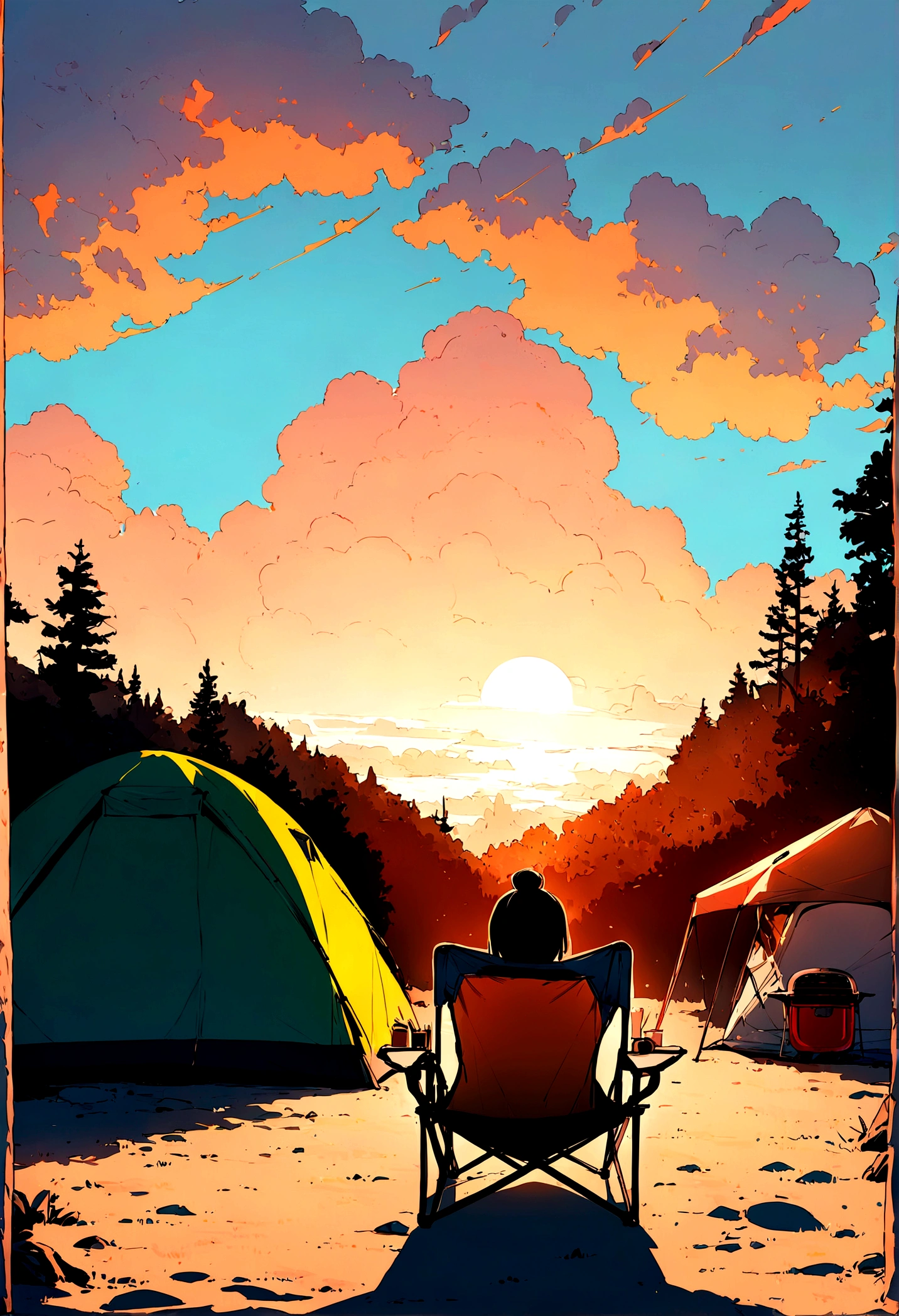 (masterpiece:1.4), (Highest quality:1.4), (High resolution:1.4), shima rin, View your viewers, smile, Camping Chair, tent, Outdoor, nature, summer, grill, colorful, High Contrast
