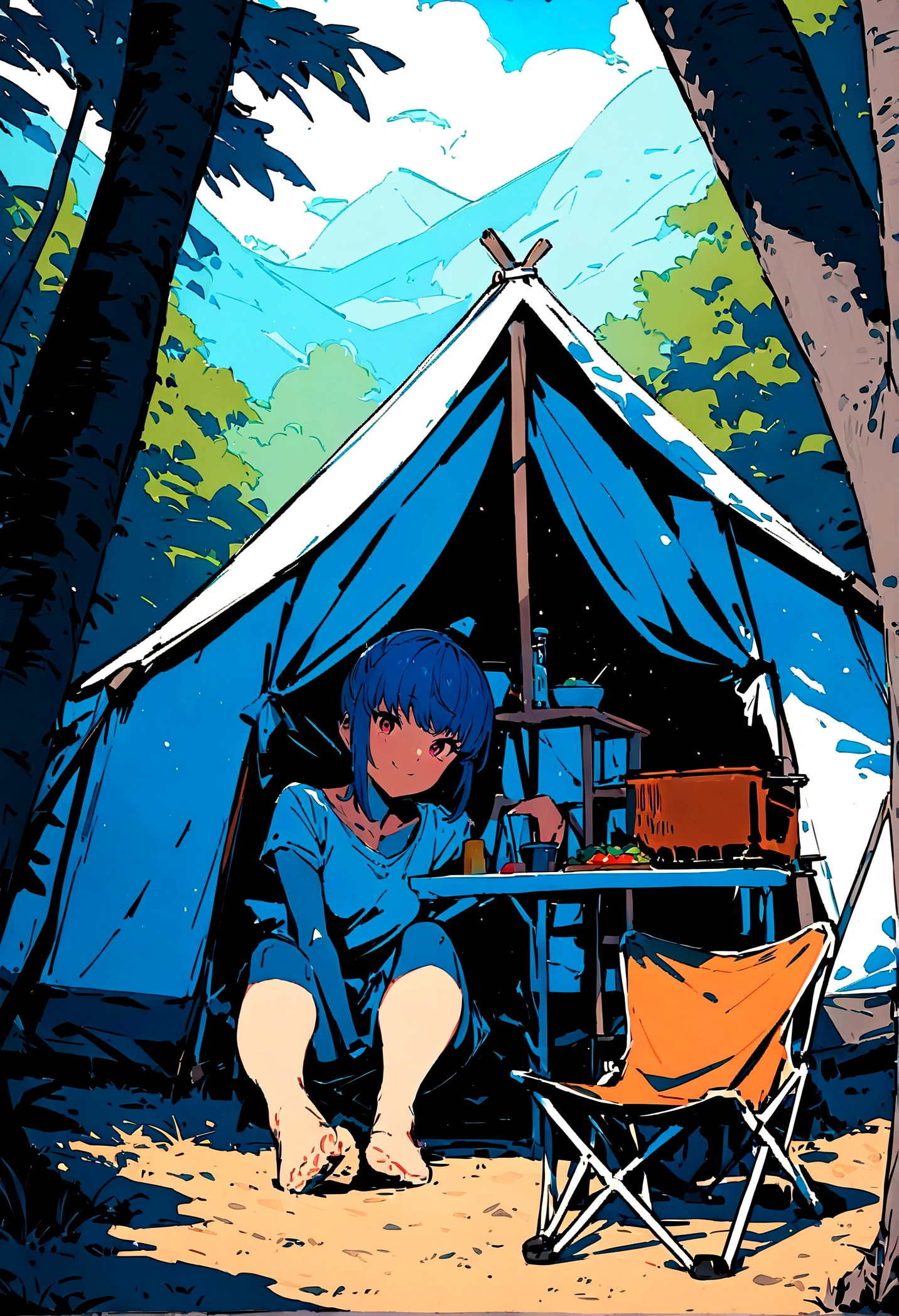 (masterpiece:1.4), (Highest quality:1.4), (High resolution:1.4), shima rin, View your viewers, smile, Camping Chair, tent, Outdoor, nature, summer, grill, colorful, High Contrast