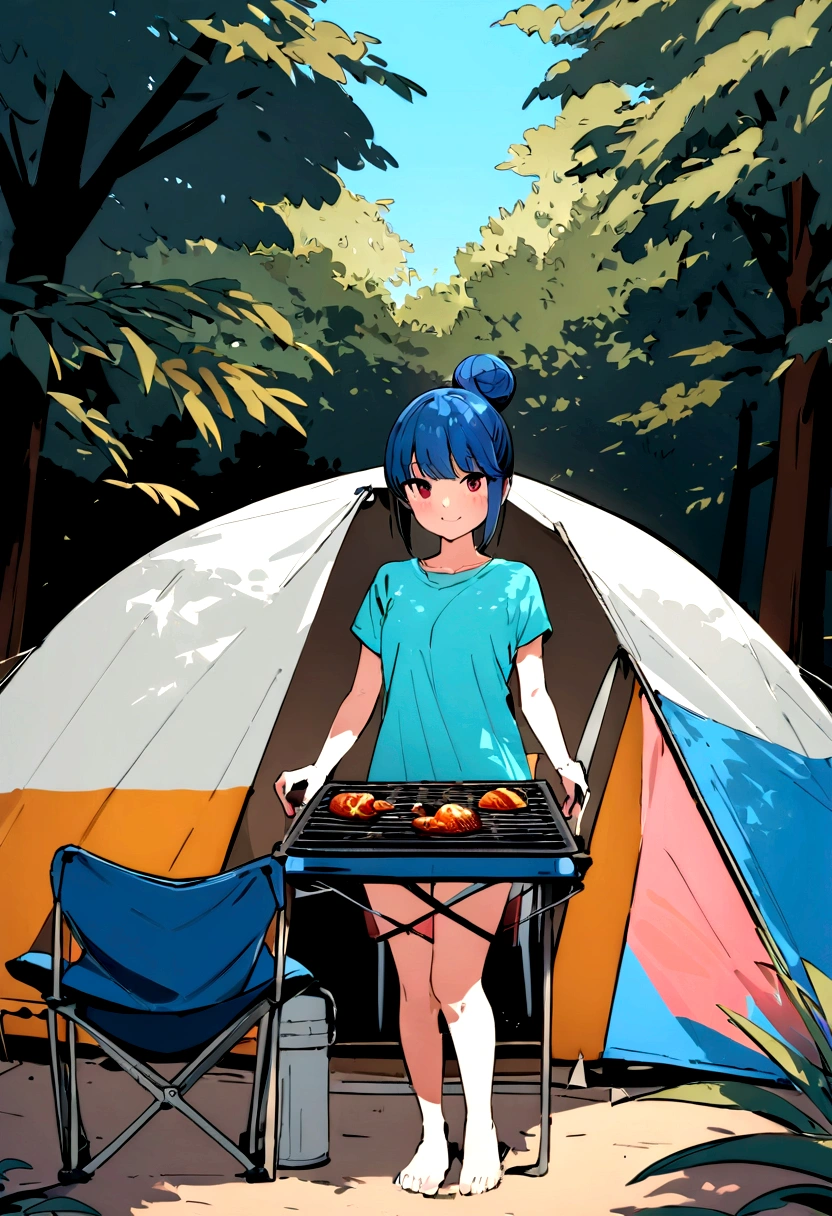 (masterpiece:1.4), (Highest quality:1.4), (High resolution:1.4), shima rin, View your viewers, smile, Camping Chair, tent, Outdoor, nature, summer, grill, colorful, High Contrast