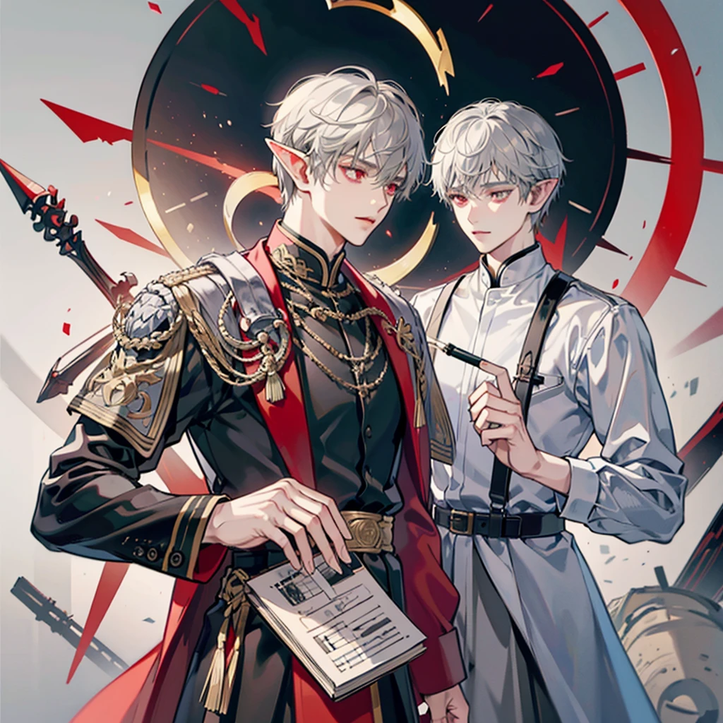 Elf, light grey skin, young guy. White short hair, red eyes, dark clothes, black face patterns