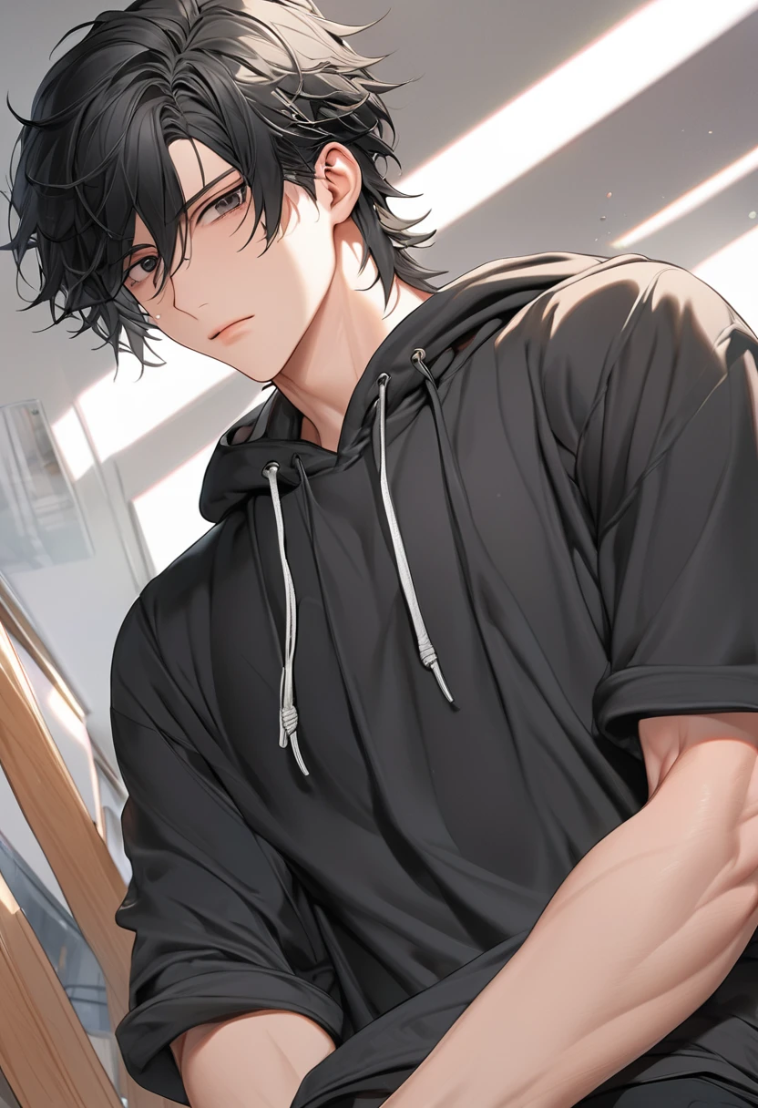 A highschool boy, handsome, perfect body, black hair, short hair, mullet, black eyes, upturned eyes, expressionless, black hoodies, anime, first-person view, masterpiece, anatomically correct, high details, highres, best quality, super detail