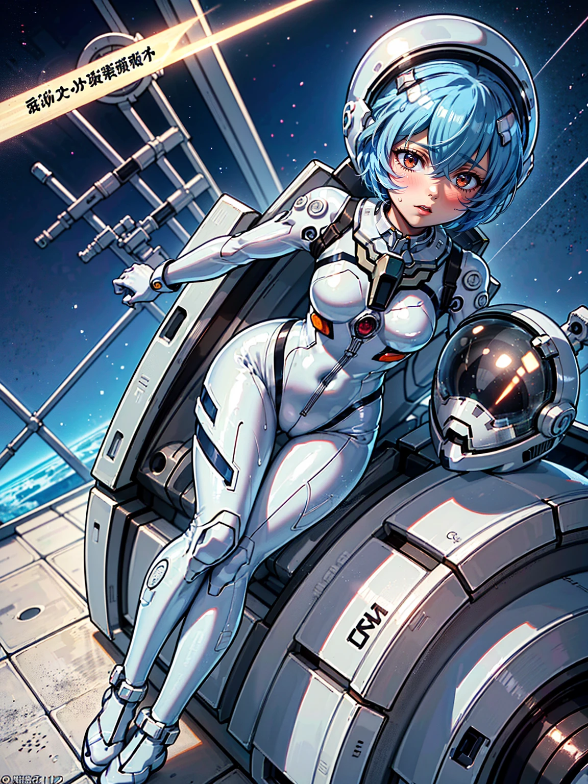 ((Highest quality, 8k wallpaper)),(masterpiece, Highest quality),Very detailed,High resolution,(Official Art:1.3),(((Anime screenshots,Black outline))),One girl,alone, Break mer1,(Rei Ayanami {Neon Genesis Evangelion,}1.2),masterpiece, best quality, outdoor, 1girl, Solo,red eyes,short hair,blue hair, (White plug suit:1.4), skin tight,(backlight, shaded face, cross-eyed, rolling eyes, empty eyes, jitome, raised eyebrows, one eye closed:1.3),(((Covered in sweat, Mass sweat, Sweating profusely,steam,space helmet:1.7))), (((fighting stance, knees together feet apart, leaning forward, holding own arms, bent legs:1.8))),(((独奏, cowboy shot:1.7))),