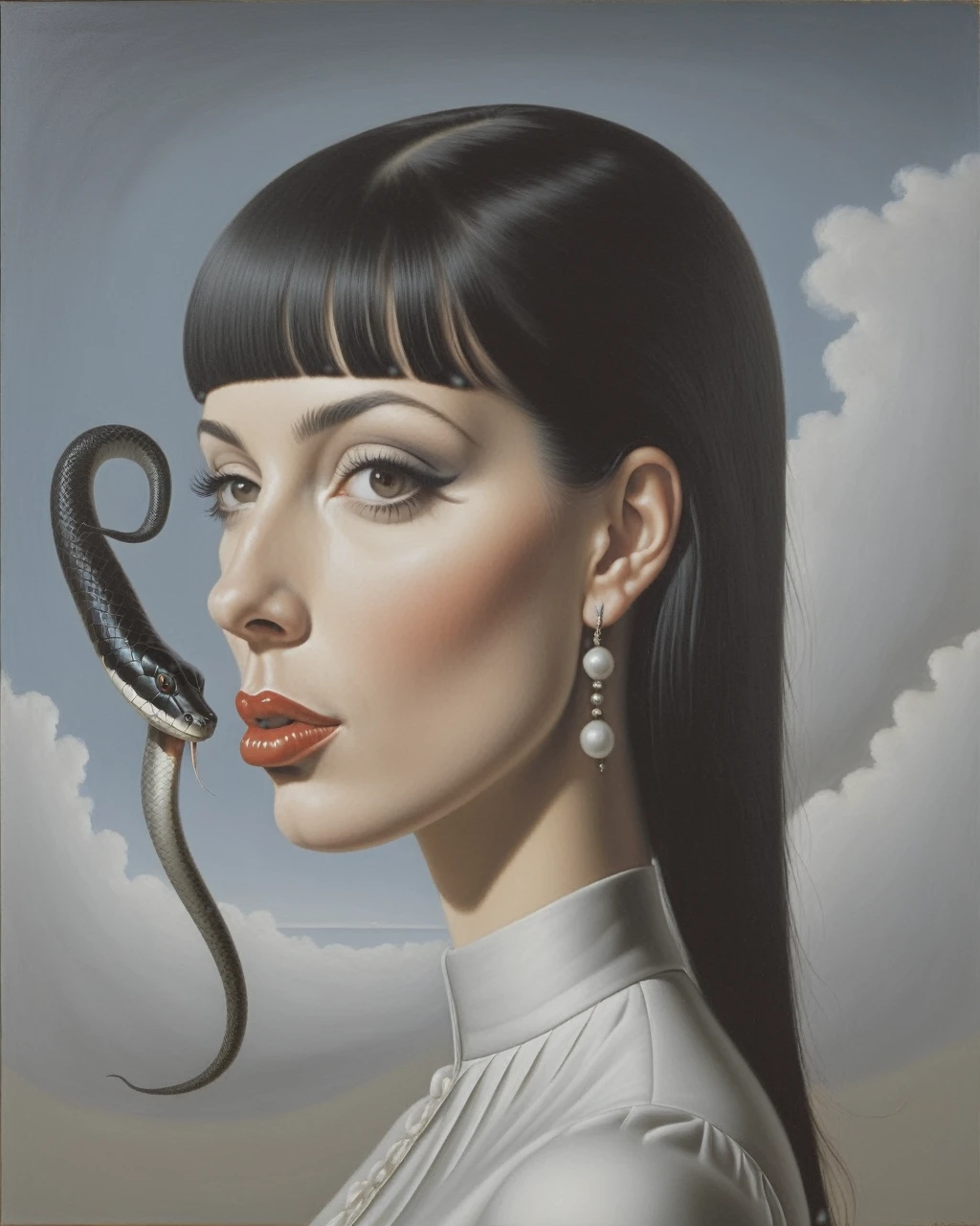 side view white girl with black hair, has fringe. Have total black eyes, split tongue like snake, and piercing on mouth and eyebrow - estilo surrealista, obra de arte surrealista, Sonhe como, Highly detailed René Magritte, obra de arte, High definition, masterpiece, painting like, HD (CORRECT THE SNAKE