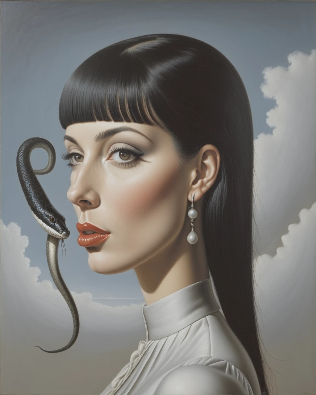 side view white girl with black hair, has fringe. Have total black eyes, split tongue like snake, and piercing on mouth and eyebrow - estilo surrealista, obra de arte surrealista, Sonhe como, Highly detailed René Magritte, obra de arte, High definition, masterpiece, painting like, HD (CORRECT THE SNAKE