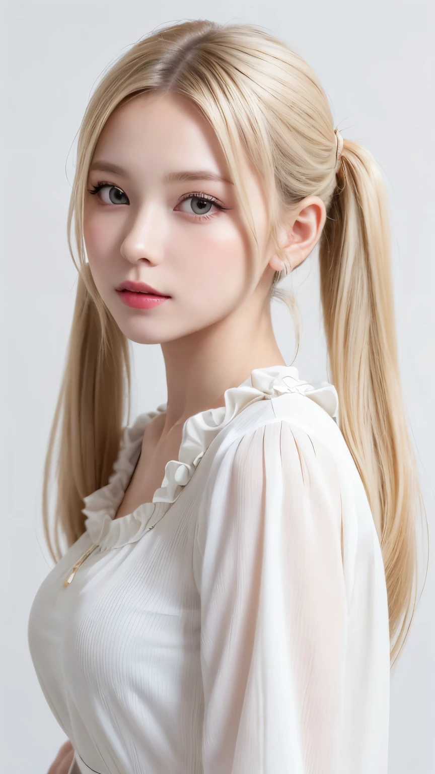 (((forehead、Twin tails、White Blonde Hair、Northern Europe、White people、beautiful girl、Blonde、White background、cute、Young、blouse、True Face、Shiny Hair)))、table top, highest quality, figure, super detailed, finely, High resolution, 8k wallpaper, Perfect dynamic composition, detailed and beautiful eyes, Deco out,bionde, medium hair, big breasts, Natural color lip,white background, random cute poses,frill dress