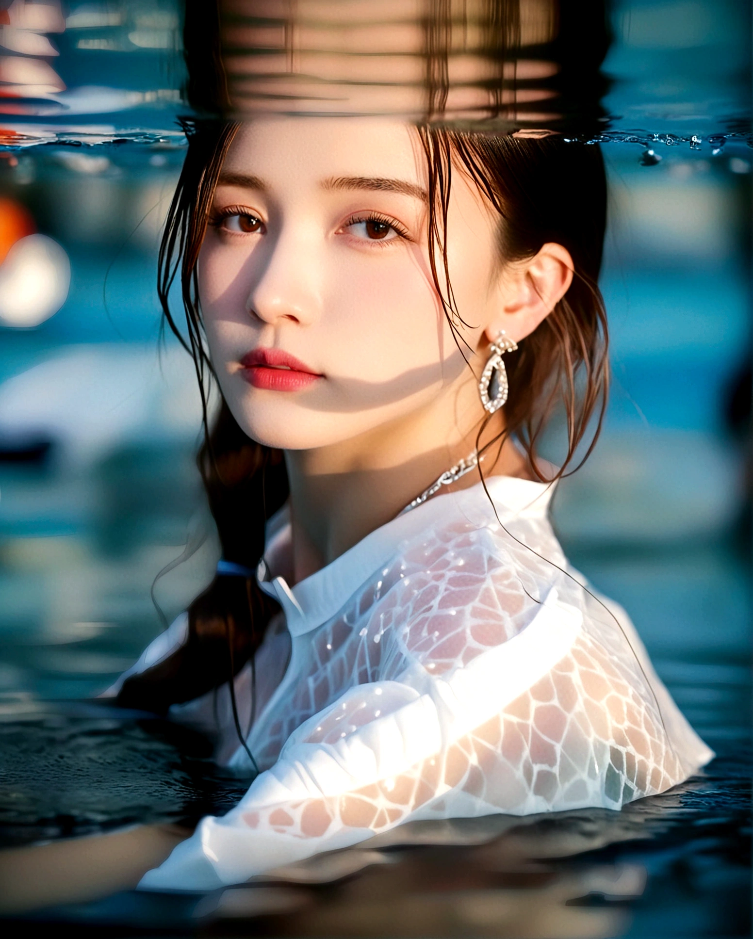 1girl, solo, looking at viewer, brown hair, shirt, brown eyes, jewelry, closed mouth, white shirt, earrings, water, blurry, lips, wet, head tilt, depth of field, blurry background, partially submerged, realistic, nose