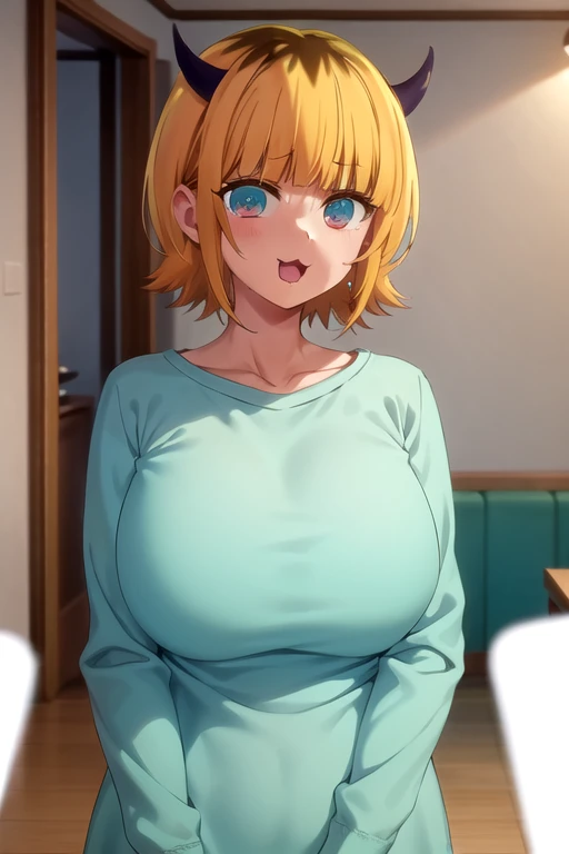 Highest quality, masterpiece, detailed,
memcho,
Open your mouth, :3, Happy,
short hair, Blonde, Multicolored Hair, Aqua Eye, Blunt bangs, horn,, clavicle, Long sleeves,Are standing, Looking at the audience,Huge breasts:1.5、
indoor、T-shirt maxi(tight)dress:1.5、The whole body is visible、pregnancy