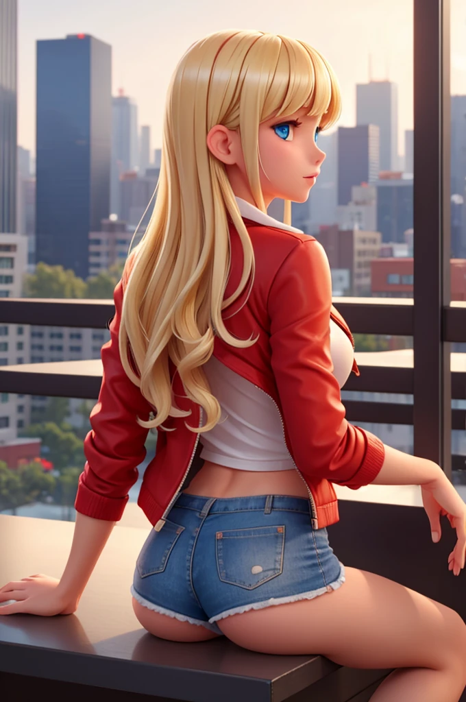 a sexy girl, with blonde hair, She is in the city, and is wearing a red jacket open over a WHITE BODY, blonde with bangs, Blue eyes, visible nipple, view from behind sitting