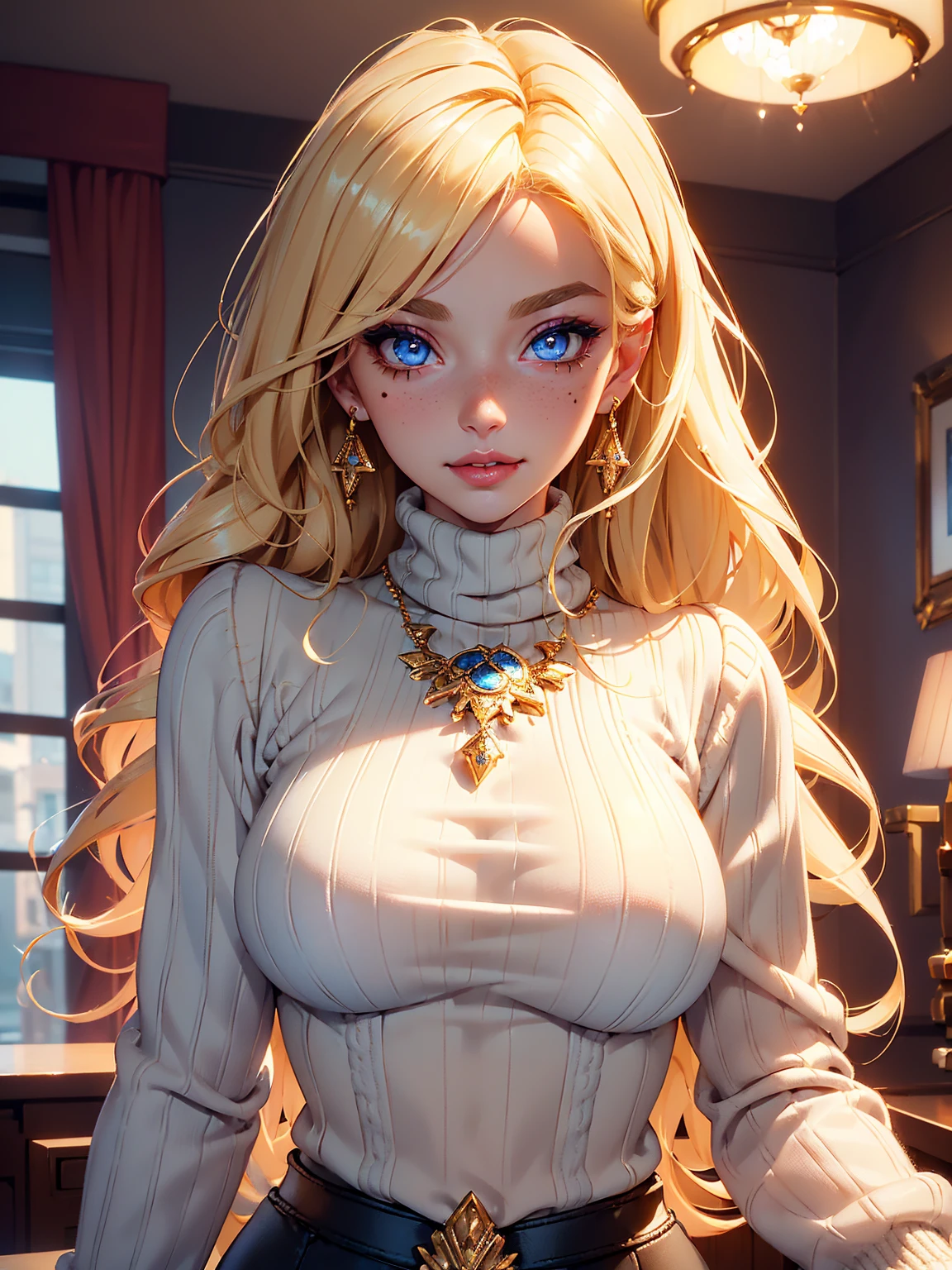 (((Blonde stunning hair))), (blue eyes), blue necklace, Golden earrings, Fit, Gorgeous Body, gorgeous, brown eyebrows, (two moles over lip), big pupils, (23 years old), 1girl,solo, complex skin, warm light, (large breasts), wide thighs, round butt, 5 fingers, ((blushing)), ((detailed face, best quality)), ((masterpiece)), ((ultra-detailed)), (beautiful detailed eyes), red lip, eyeshadow, beautiful face, long hair, very detailed eyes, intricate details in eyes, perfect lips, good lighting, ((turtleneck sweater wearing, garter belt wearing)), in pink office room, workplace background, evil smile, cleavage, from below, full body:1.4