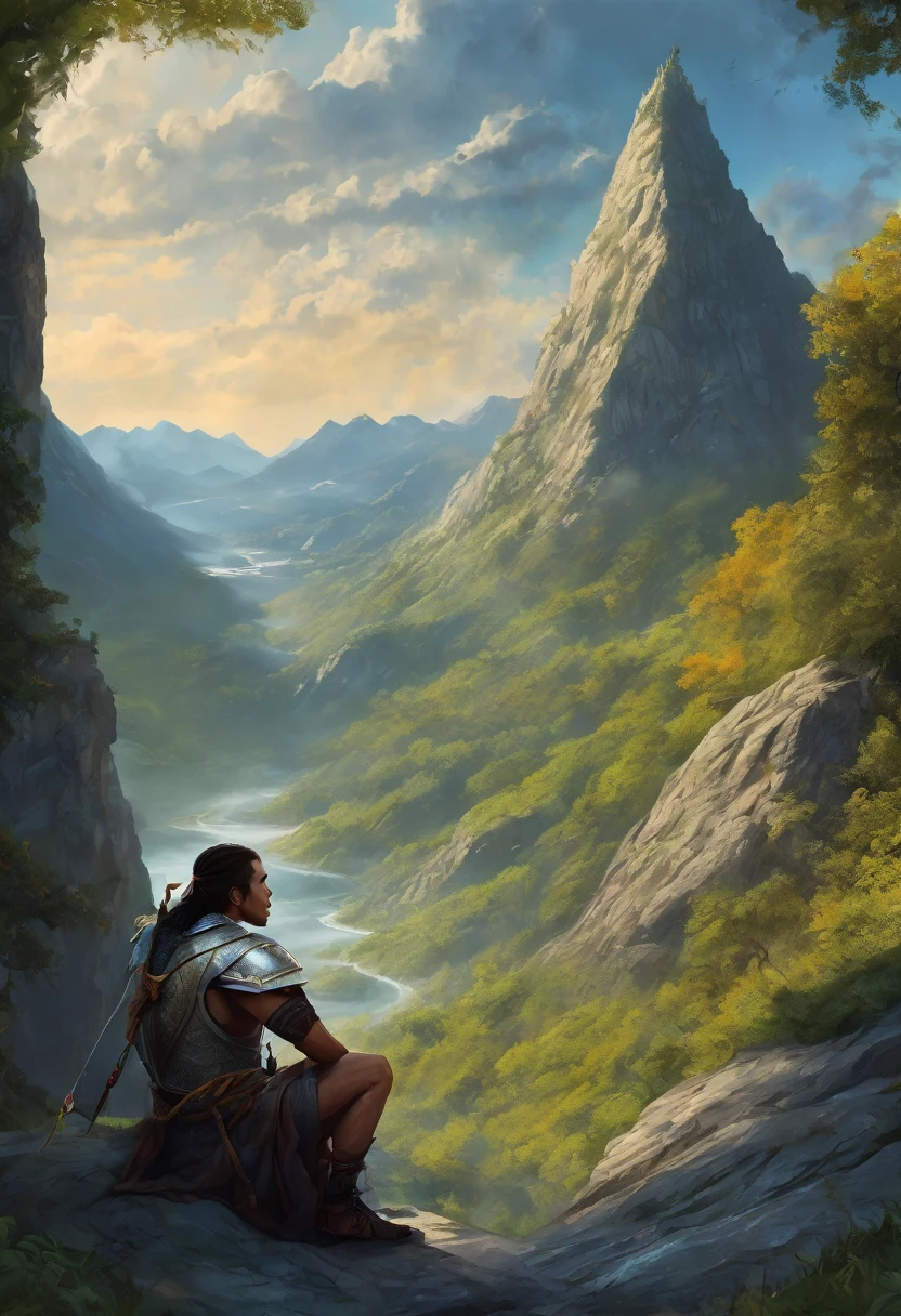 A young warrior, in a realistic mystical world, sitting at the bottom of a mountain.