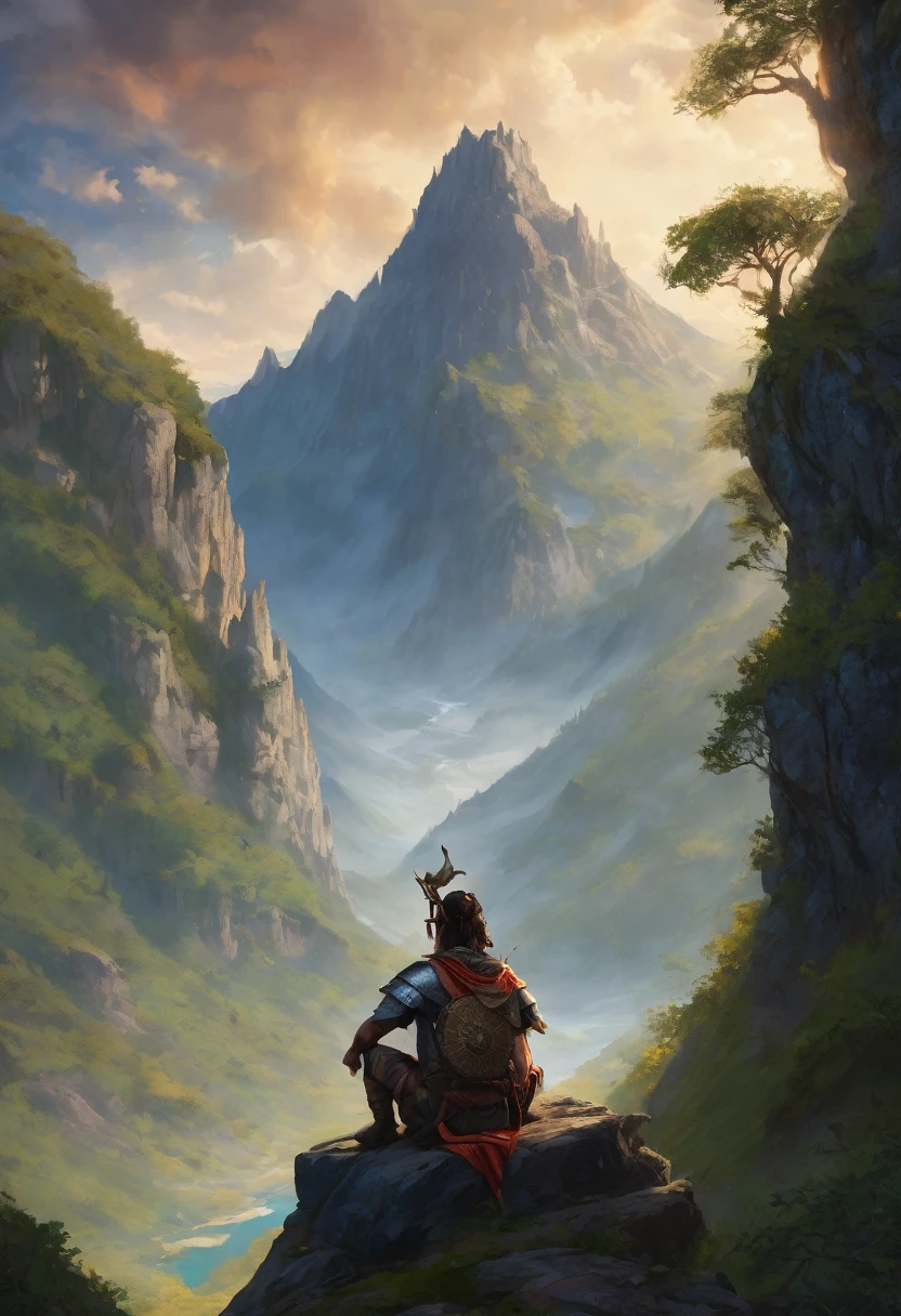 A young warrior, in a realistic mystical world, sitting at the bottom of a mountain.