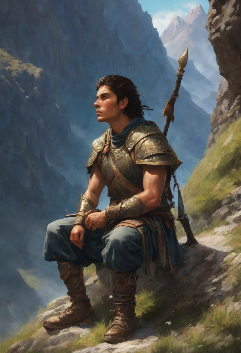 A young warrior, in a realistic mystical world, sitting at the bottom of a mountain.