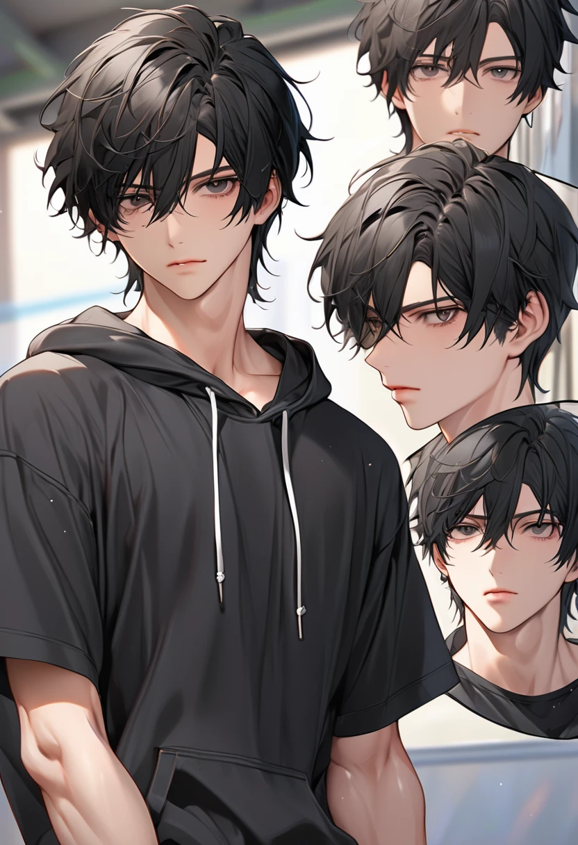 A high, handsome, perfect body, black hair, short hair, mullet, black eyes, upturned eyes, expressionless, black hoodies, anime, first-person view, masterpiece, anatomically correct, high details, highres, best quality, super detail