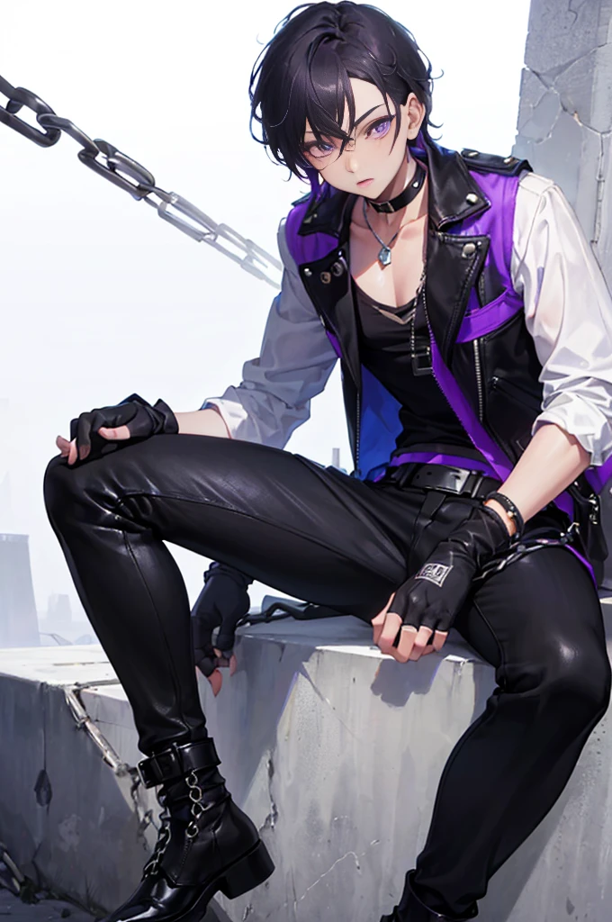 (masterpiece, top quality, best quality, official art, Short, sleek black hair with dark purple highlights, styled in a sharp, angular cut.
Eyes: Intense, deep purple eyes with a mesmerizing gaze.
Outfit:
Top: A fitted, black leather vest with intricate silver and dark purple embroidery. The vest features multiple straps and buckles, giving a rugged yet refined look. Underneath, he wears a tight, long-sleeved black shirt with mesh panels.
Bottom: Black leather pants with silver and purple detailing, including chains and buckles. The pants are tailored to fit snugly, emphasizing his athletic build.
Footwear: Black combat boots with silver buckles and dark purple accents, polished to a high shine.
Accessories:
Choker: A black leather choker with a silver ring pendant.
Gloves: Fingerless black leather gloves with silver studs and purple stitching, extending to his forearms.
Jewelry: A combination of silver and dark purple rings and a studded bracelet on one wrist.