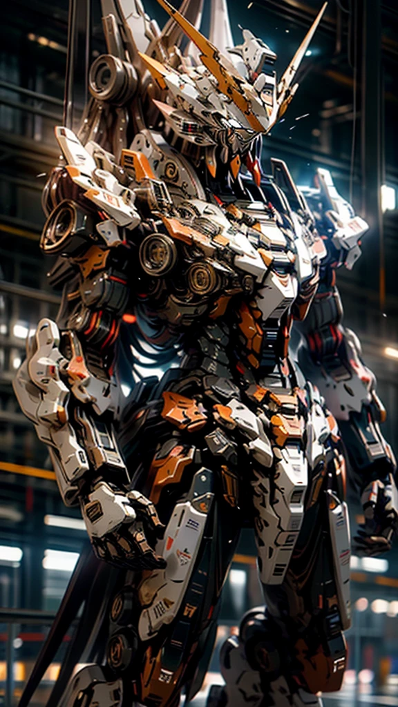 Barbatos gundam frame, facing forward with a flying pose, highly detailed mecha, intricate machinery, industrial aesthetic, sleek and streamlined design, metallic textures, futuristic technology, dynamic pose, dramatic lighting, muted color palette, cinematic atmosphere, (best quality,4k,8k,highres,masterpiece:1.2),ultra-detailed,(realistic,photorealistic,photo-realistic:1.37),concept art, digital painting