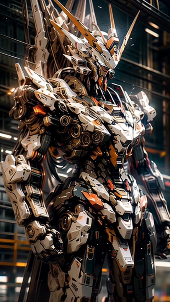 Barbatos gundam frame, facing forward with a flying pose, highly detailed mecha, intricate machinery, industrial aesthetic, sleek and streamlined design, metallic textures, futuristic technology, dynamic pose, dramatic lighting, muted color palette, cinematic atmosphere, (best quality,4k,8k,highres,masterpiece:1.2),ultra-detailed,(realistic,photorealistic,photo-realistic:1.37),concept art, digital painting
