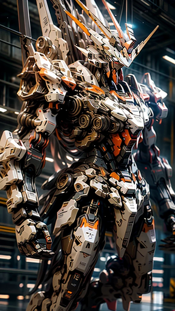 Barbatos gundam frame, facing forward with a flying pose, highly detailed mecha, intricate machinery, industrial aesthetic, sleek and streamlined design, metallic textures, futuristic technology, dynamic pose, dramatic lighting, muted color palette, cinematic atmosphere, (best quality,4k,8k,highres,masterpiece:1.2),ultra-detailed,(realistic,photorealistic,photo-realistic:1.37),concept art, digital painting