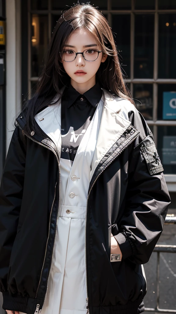 (Highest quality:1.2)。One Woman。Glasses。Angry expression。(Wearing a black jacket)。(standing)。The background is a white。(the word "DELA" is written large on the jacket )
