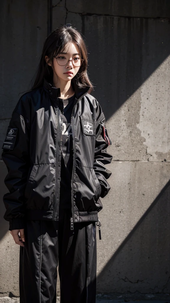 (Highest quality:1.2)。One Woman。Glasses。Angry expression。(Wearing a black jacket)。(standing)。The background is a white。(the word "DELA" is written large on the jacket )