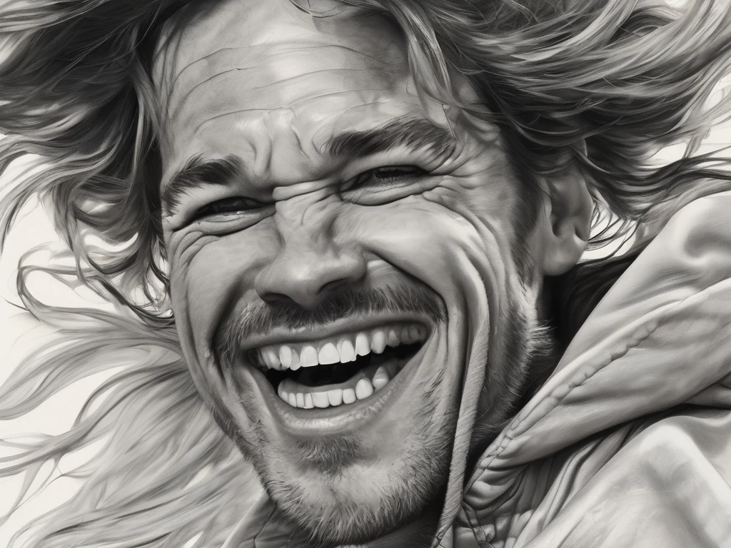 It depicts a high-energy close-up photo realistic illustration portrait of a person, in a wild, windblown style. The strong wind has puffed and rippled the skin on his cheeks in a funny way. The subject's facial expression and features is exaggerated, with eyes wide open, and the mouth stretched into a large toothy smile, which emphasizes the dynamism and humorous nature. The overall composition is centered, focusing on the face and hair. of the subject.
