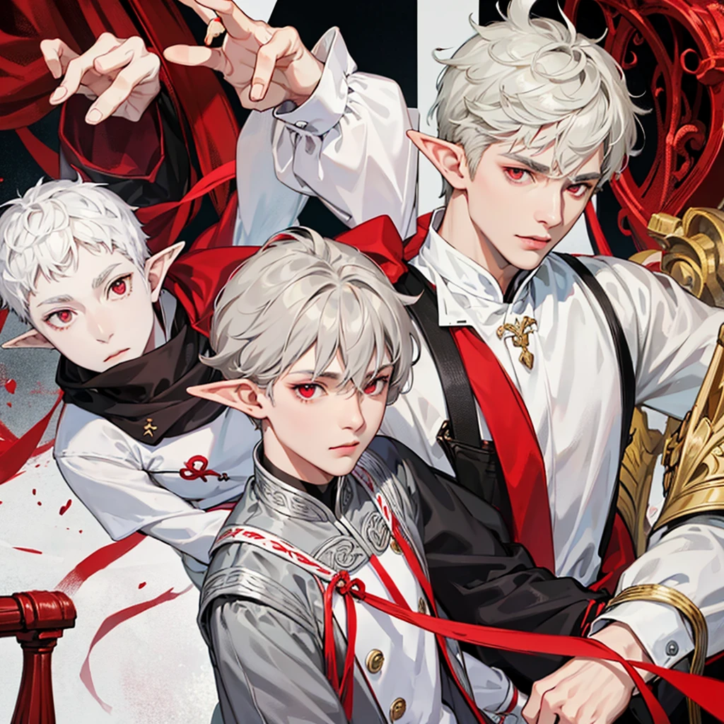 Elf, light grey skin, young guy, White short hair, red eyes, dark clothes, black face patterns