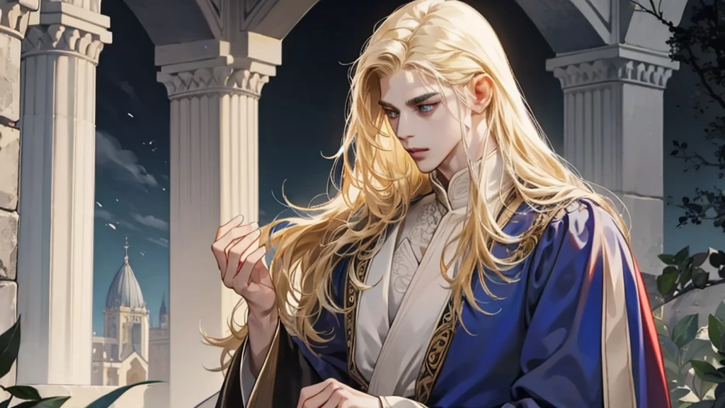 Middle Ages, One, Castlevania Lord handsome, a thin man heads a monastery, beautiful robe, white fabric clothes, A cross hangs around my neck, priest, dynamic pose, super detailed face, long hair, blonde hair, Sharp facial features, adult, handsome man, heavenly eyes, beautiful hands, in a beautiful garden, deep light, detailed face, A thoughtful look , beautiful fingers